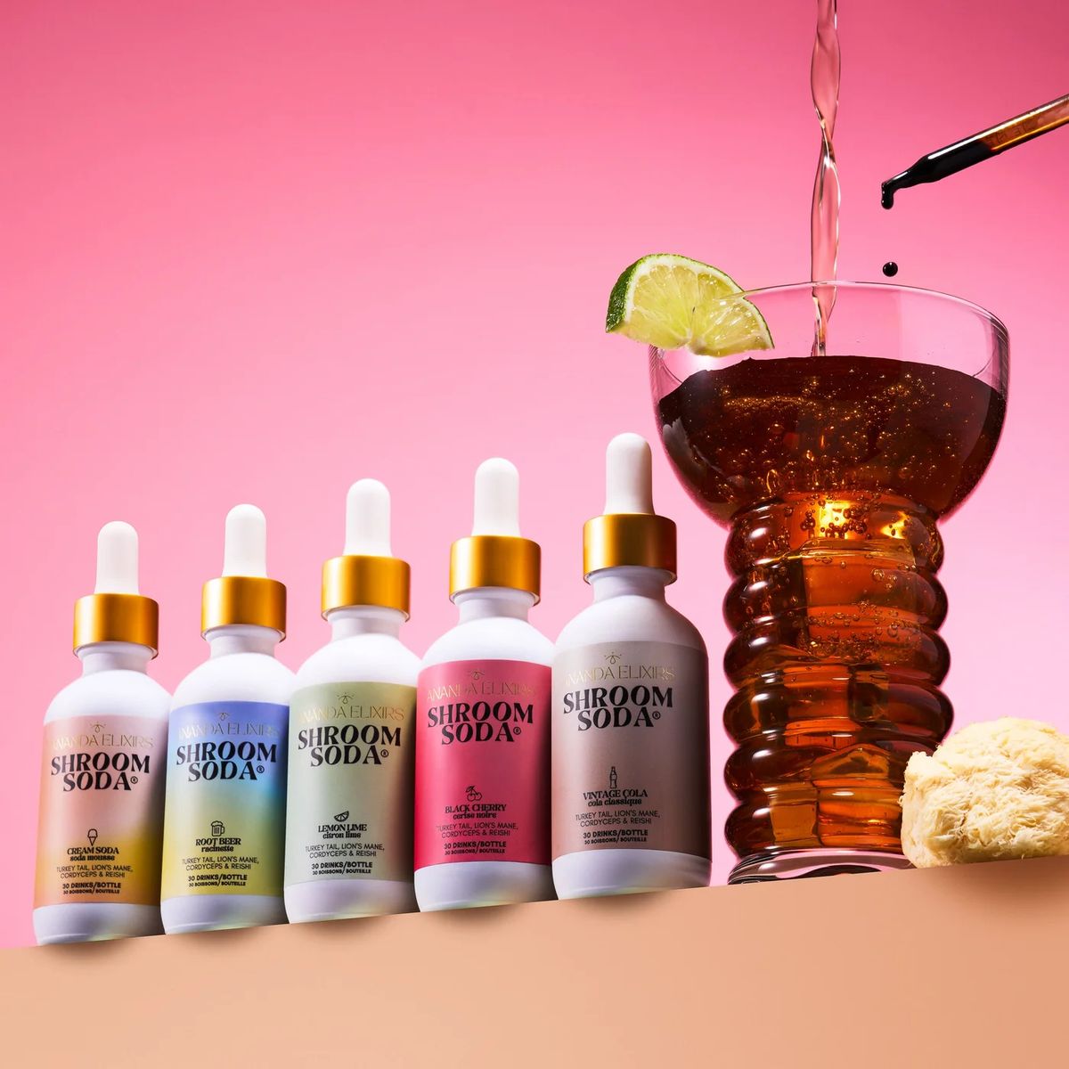 Shroom Soda® mushroom soda drops with a glass of sparkling soda