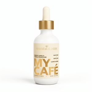 A white dropper bottle of Ananda Elixirs My Café French Vanilla mushroom extract.