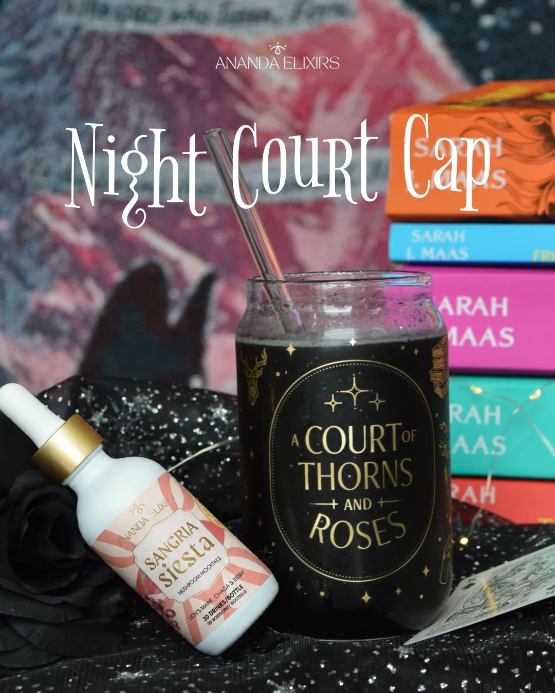 A glass of dark drink with a straw, a dropper bottle, and stacked books.