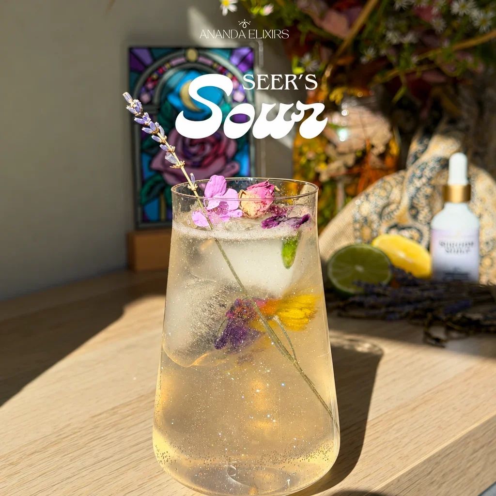 A glass of sparkling golden cocktail garnished with edible flowers and a lavender sprig.